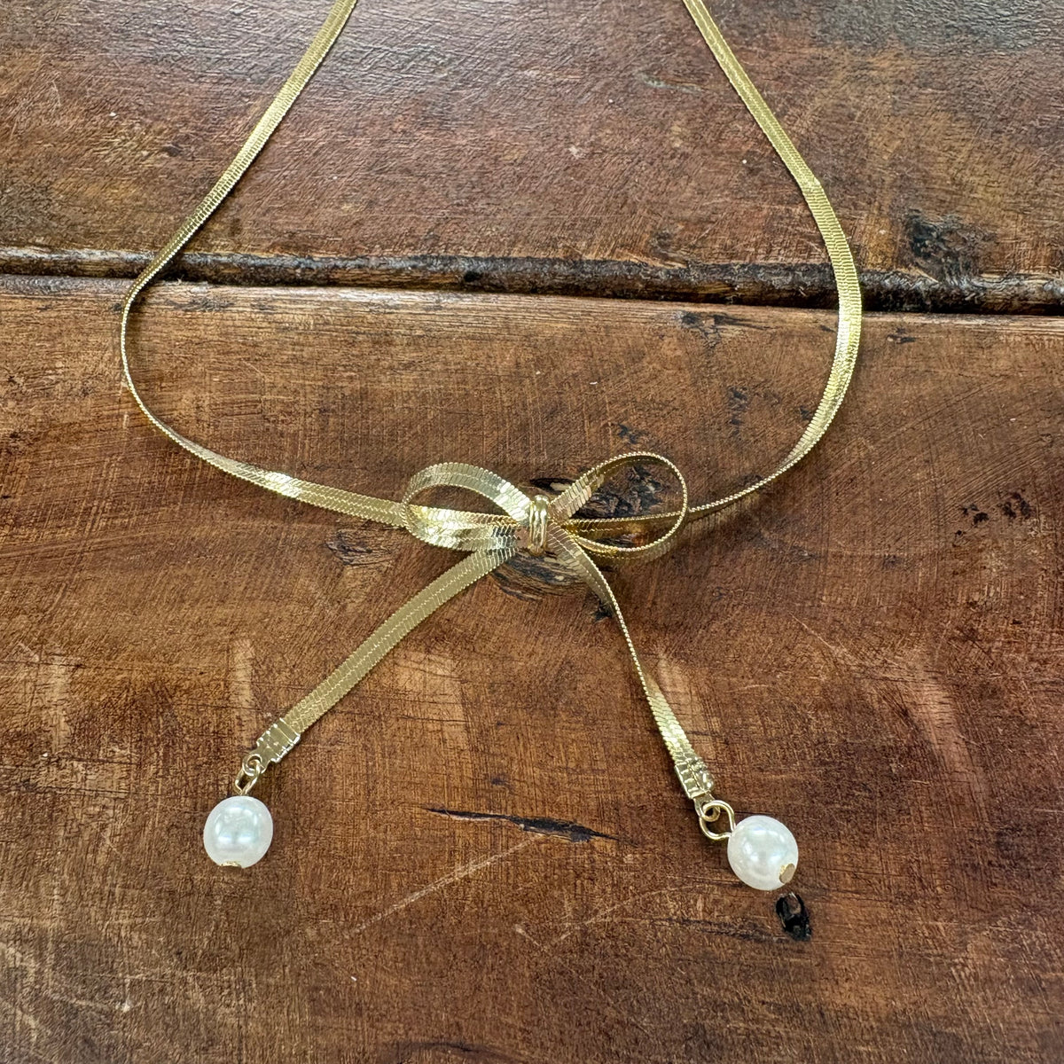 Gold Snake Chain Bow Necklace - Jane Marie