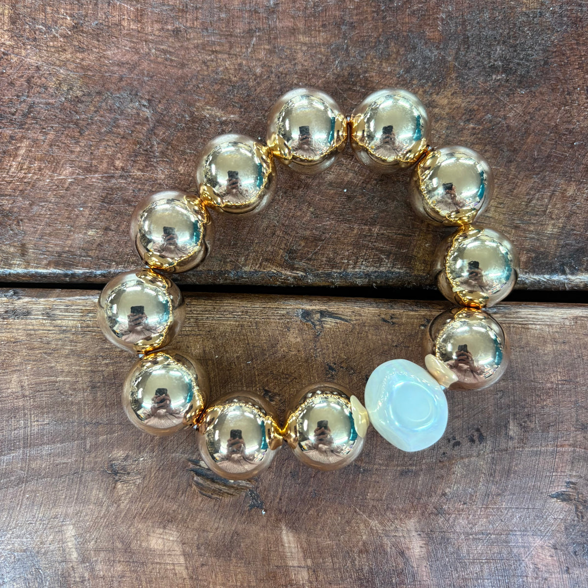 Large Gold Beaded Bracelet With Pearl - Jane Marie