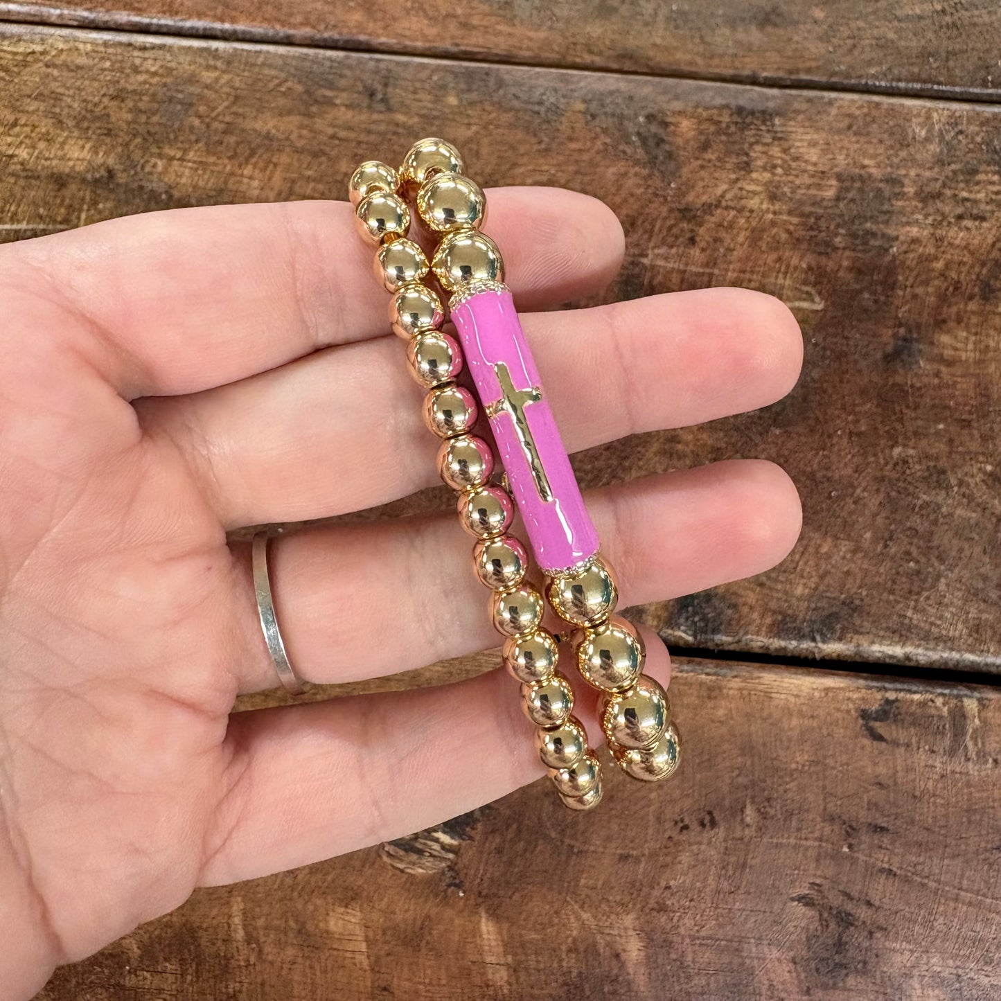 Set Of 2 Pink Cross Stretch Bracelets - Jane Marie