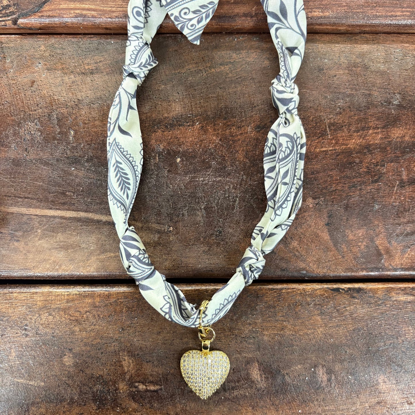 Gray and Cream Scarf Necklace with Charm - Girlie Girl Originals