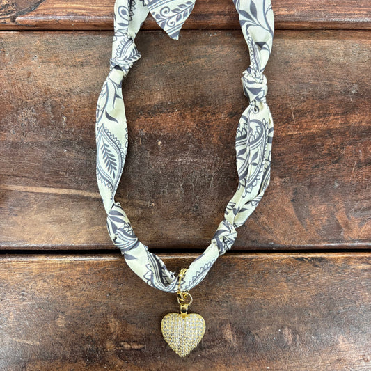 Gray and Cream Scarf Necklace with Charm - Girlie Girl Originals