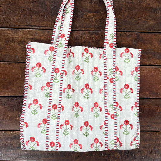 Red Floral Quilted Tote Bag - PPTX