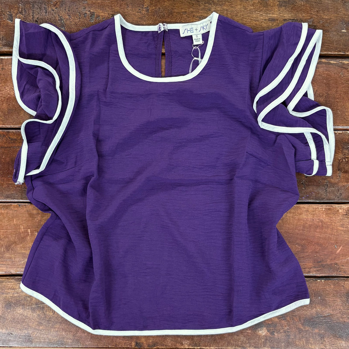 Purple Ruffle Sleeve Contrast Piping Top - Vanilla Monkey
