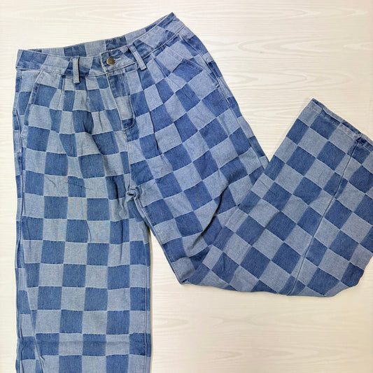 Checkered Denim Wide Leg Jeans - Umorger