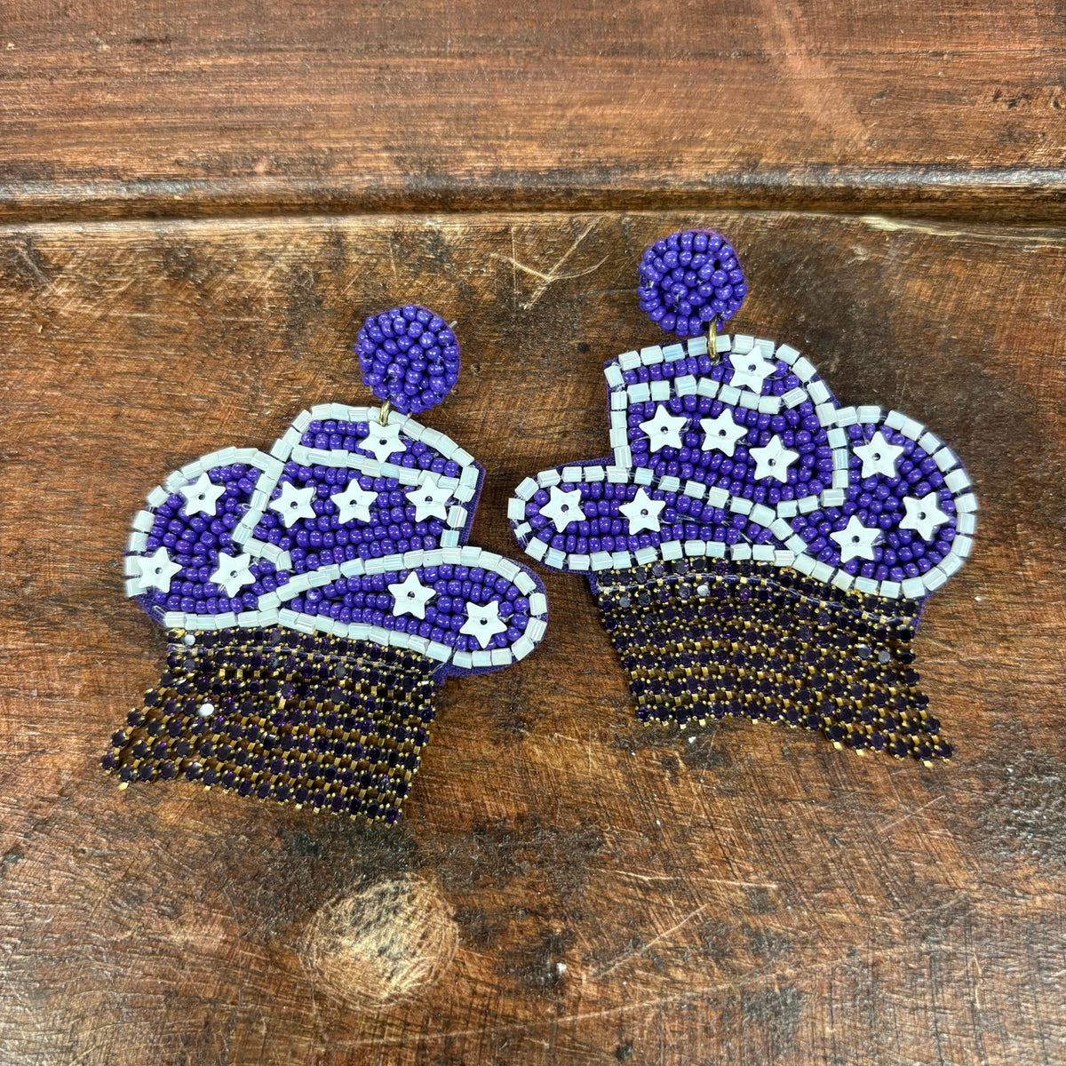 Purple and White Seed Bead Cowboy Hat Fringe Earrings - What's Hot