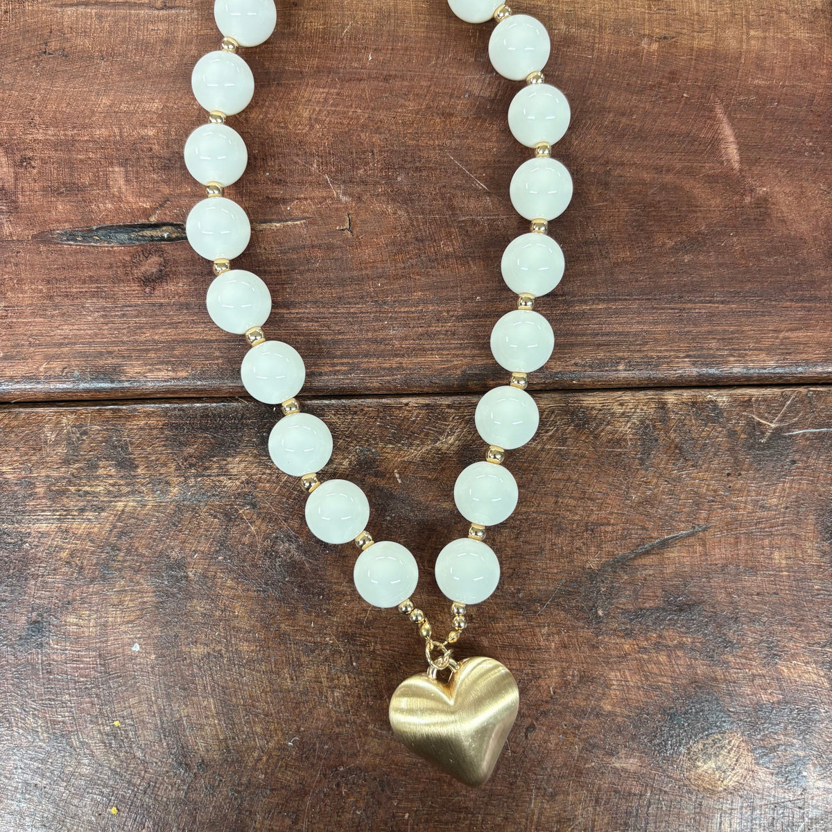 White and Matte Gold Heart Beaded Necklace - What's Hot