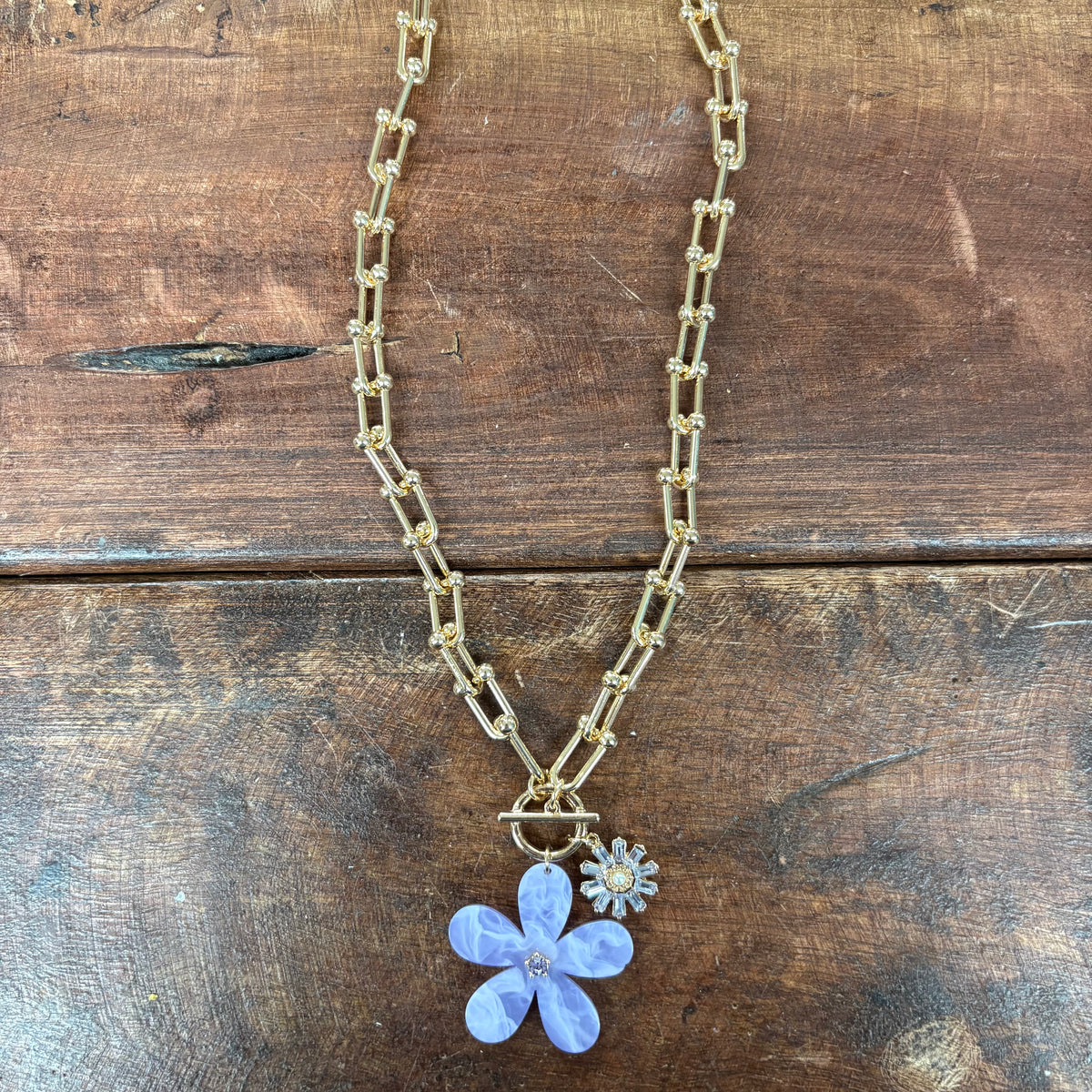 Gold Chunky Chain with Lavender Flower Charm - What's Hot