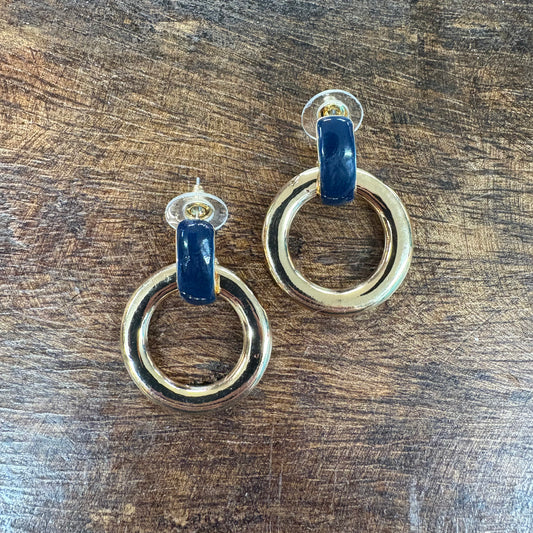Navy and Gold Enamel Rectangle With Circle Earrings - Jane Marie