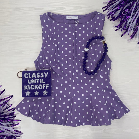 Purple Polka Dot Denim Peplum Top - Baby Pink