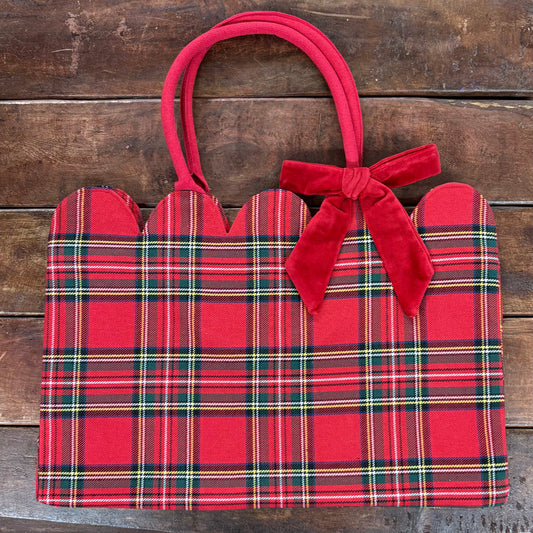 Tartan Scallop Tote in Red - Mud Pie