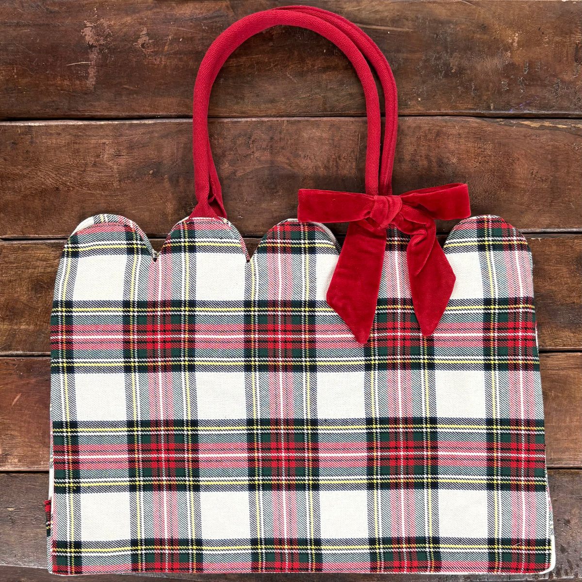 Tartan Scallop Tote in White - Mud Pie