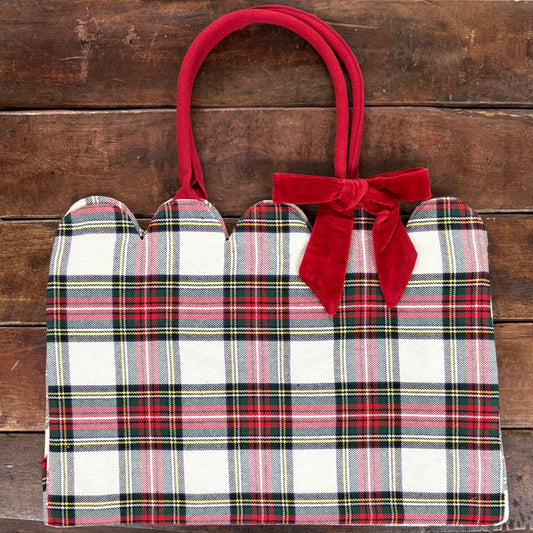 Tartan Scallop Tote in White - Mud Pie