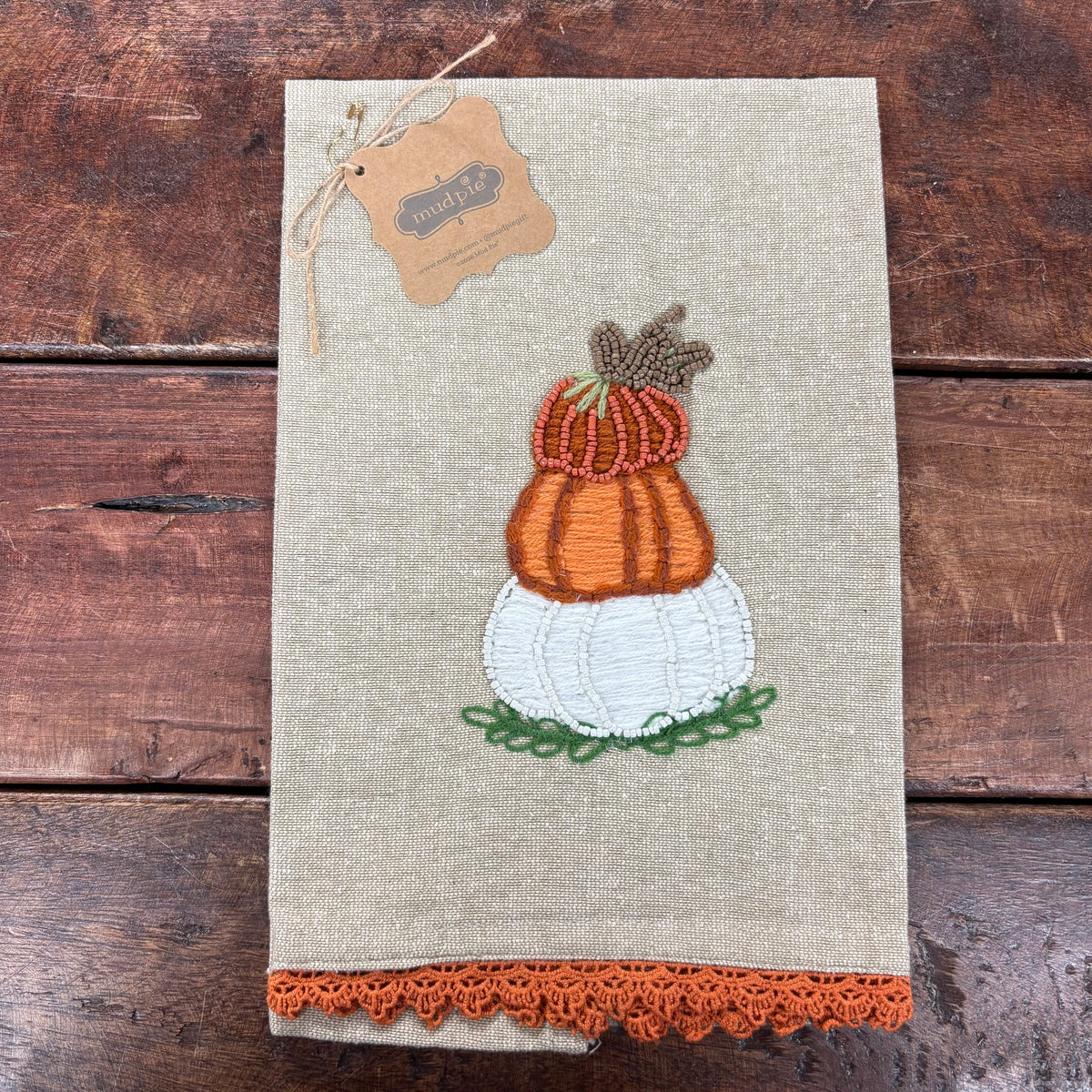 Stacked Pumpkin Bead Embroidered Gather Towel - Mud Pie