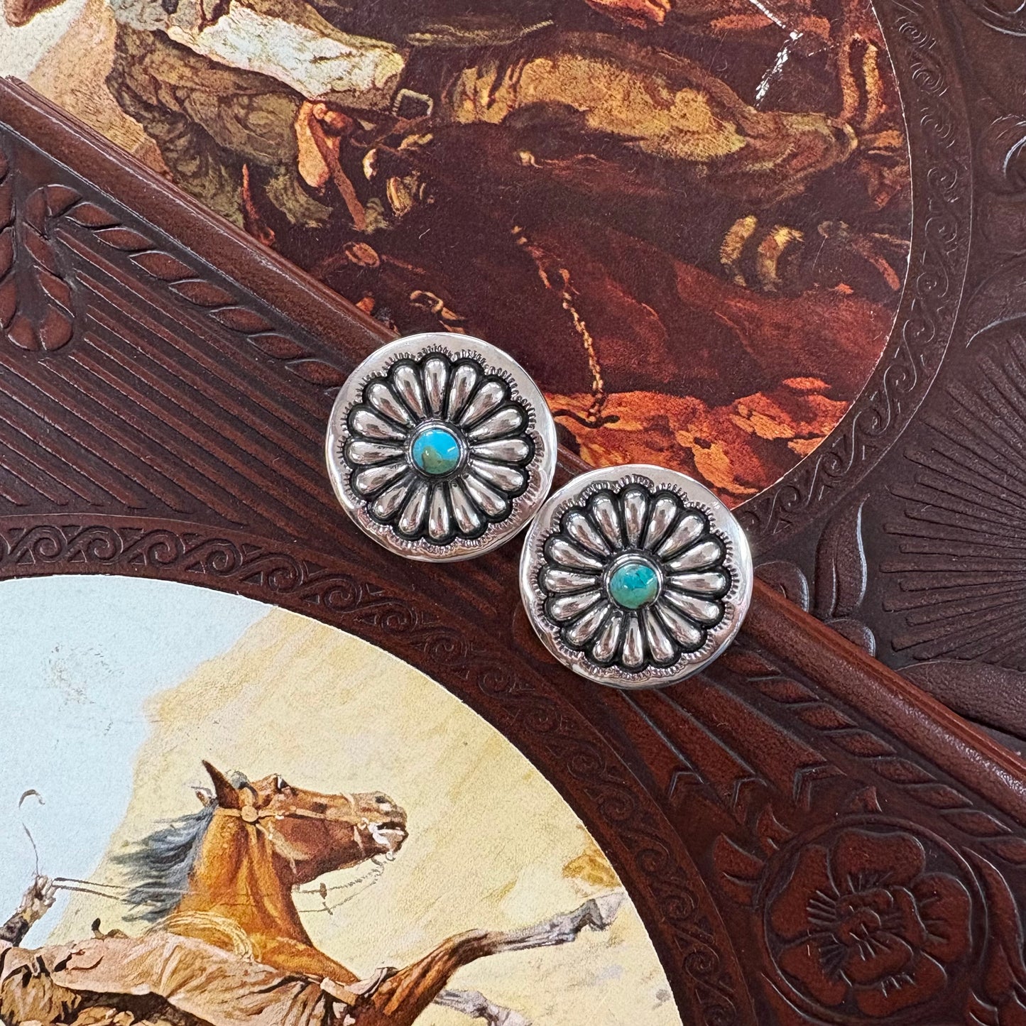 Turquoise Large Concho Post Earrings - Boho Sol