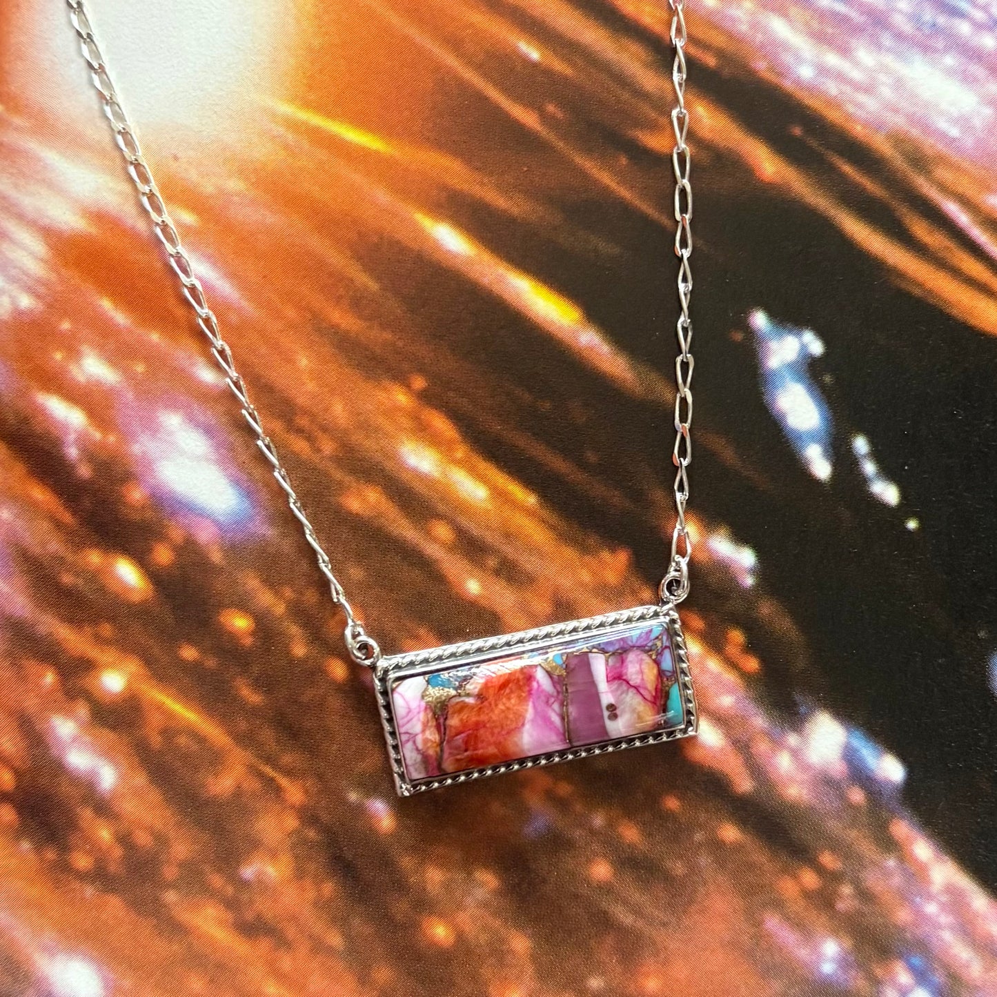 Pink Dahlia Turquoise Bar Necklace - Boho Sol