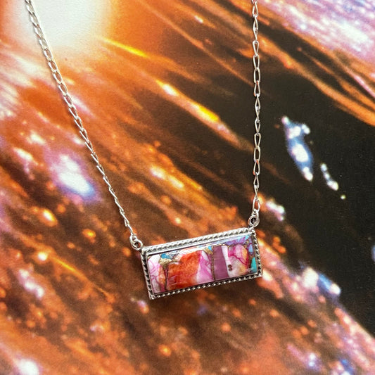 Pink Dahlia Turquoise Bar Necklace - Boho Sol