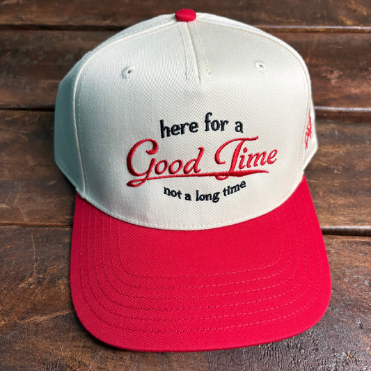 Here For A Good Time Canvas Cap - Retro Red/Natural - Mad Hatter Co.