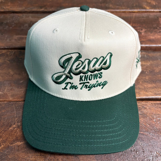 Jesus Knows Canvas Cap - Retro Dark Green/Natural - Mad Hatter Co.