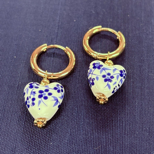 Blue Ceramic Porcelain Heart Earrings - JOSSLYN