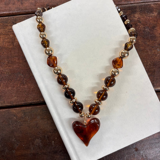 Chunky Brown Beaded Heart Necklace - JOSSLYN