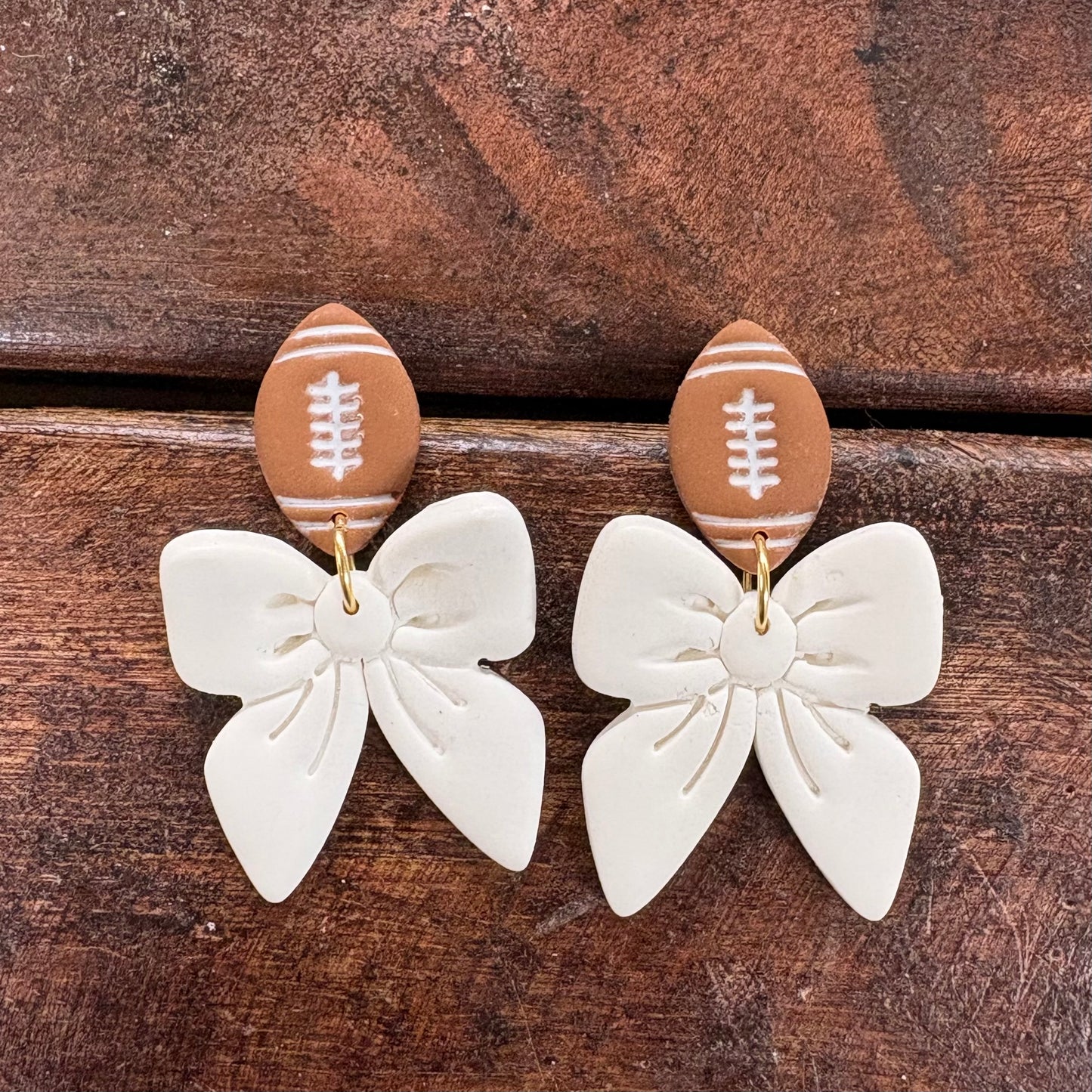 White Football and Bow Earrings - Clayhouse Colors