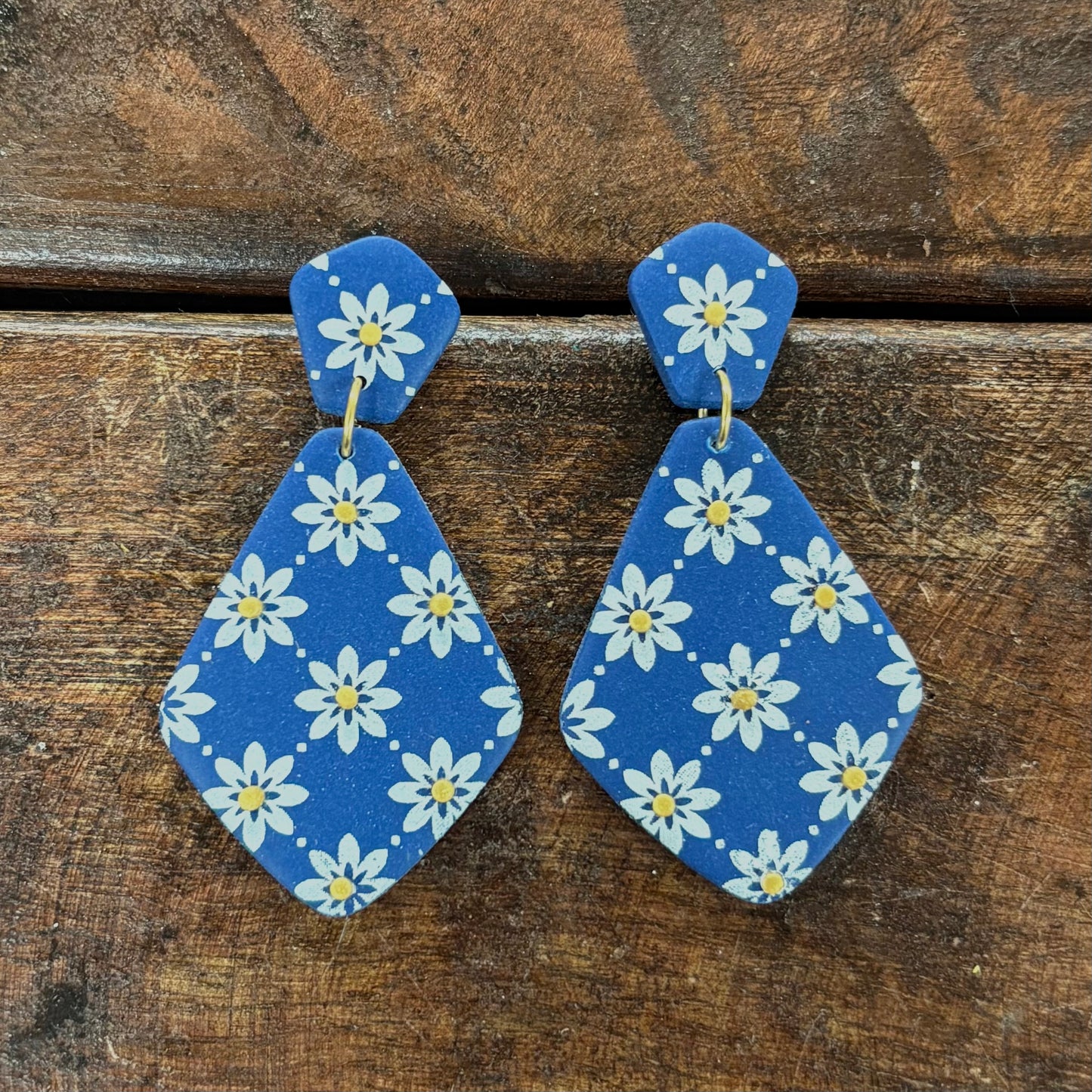 Navy and Gold Daisy Print Clay Earrings - Clayhouse Colors