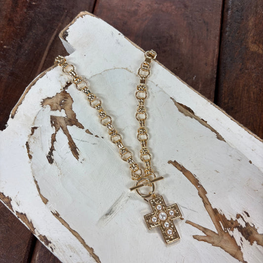 Gold Round Cable Chain Necklace With Pearl Cross - Jane Marie