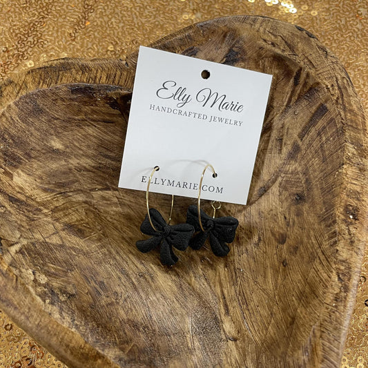 Black Bow Hoop Clay Dangles