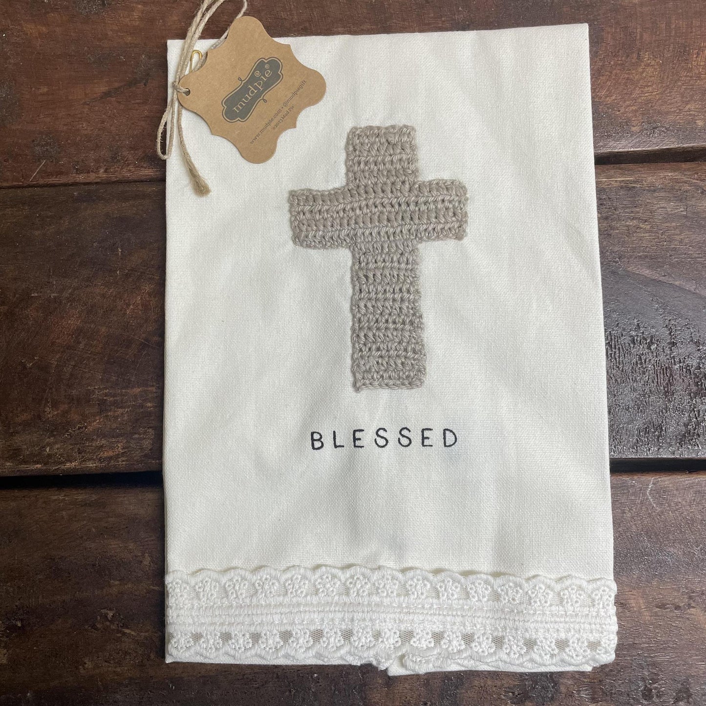 Blessed Crochet Trim Towel- Mud Pie