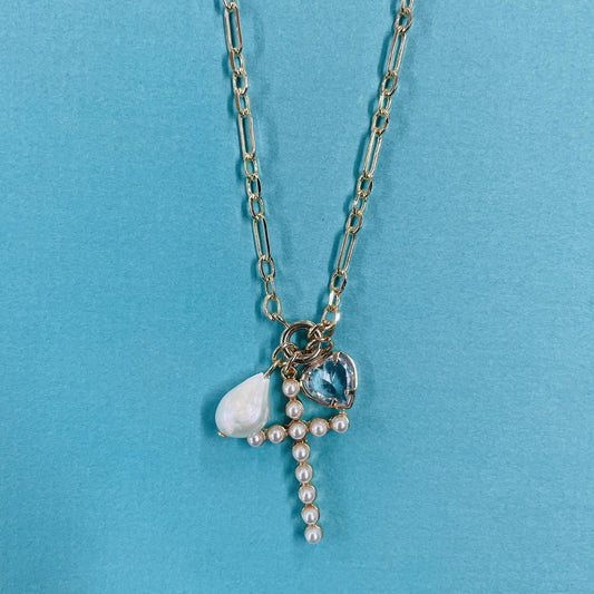 Pearl Studded Cross Charm Necklace - LBF