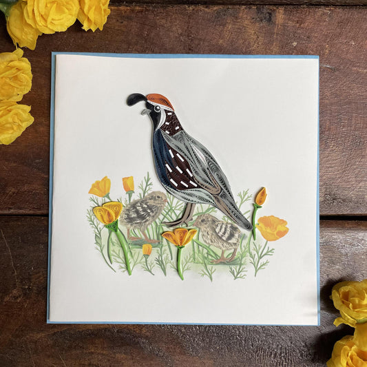 Quail with Chicks & Poppies- Quilling Card