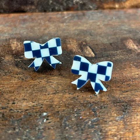 Checkered Bow Earrings- Navy- TLD Designs