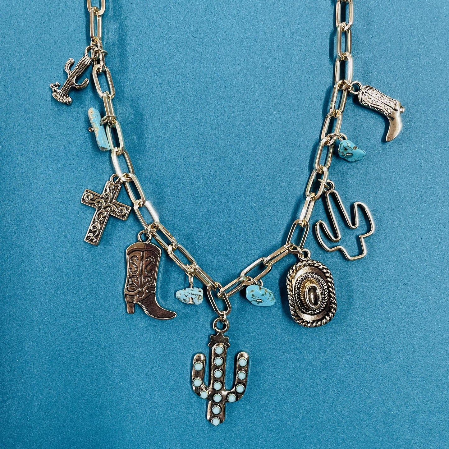 Gold and Turquoise Cactus Charm Necklace - LBF